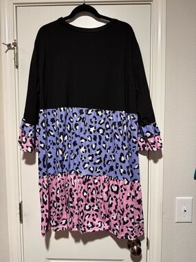 Colorblock Leopard Print Tunic Dress - Black, Lavender & Pink